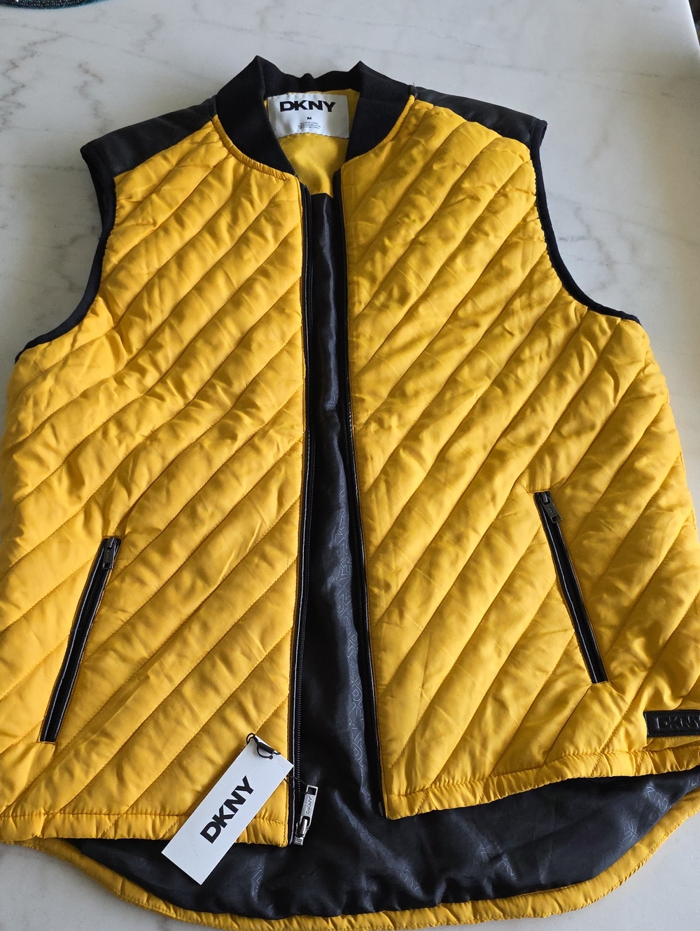 Mens DKNY Yellow Quilted Sleeveless Vest with Black Trim Size M